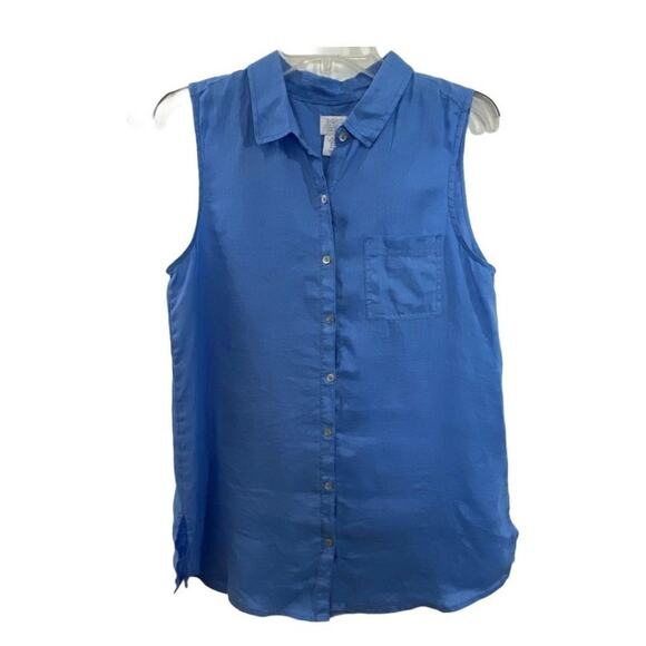 Sigrid Olsen Blue 100% Linen Sleeveless Collared Button Front Work Blouse Med - Picture 1 of 5